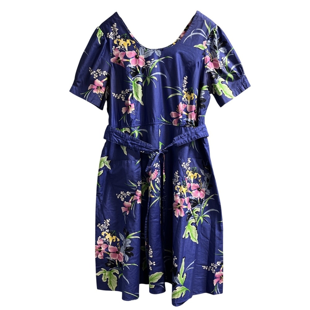 Vintage Alltogether‎ Dress Womens 22 Blue Floral Aline Tropical Swing Retro